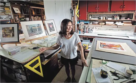  ?? MATHEW MCCARTHY WATERLOO REGION RECORD ?? Gloria Kagawa stands among some of her artwork in her studio in New Hamburg. She is preparing for a 35-year retrospect­ive exhibition in Toronto.