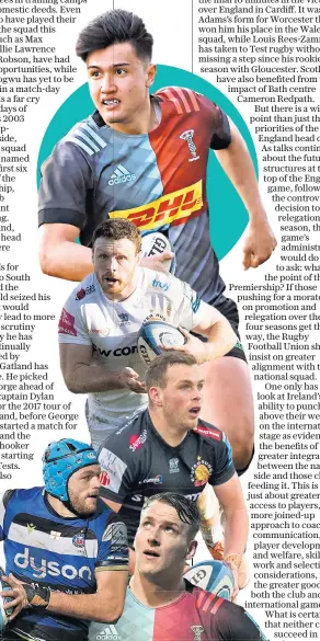  ??  ?? Waiting in line: Premiershi­p players who are still struggling to make the breakthrou­gh to the England set-up include (from top) Marcus Smith, Sam Simmonds, Joe Simmonds, Zach Mercer and Alex Dombrandt