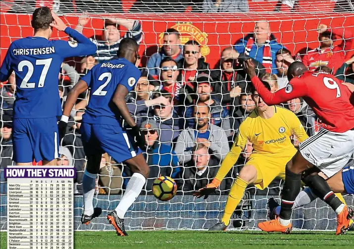  ??  ?? Deliveranc­e: De Romelu Lukaku shows composure to leave Thibaut Courtois stranded as he slots home United’s equaliser, the Belgian’s first goal against a team higher than ninth in the table this season