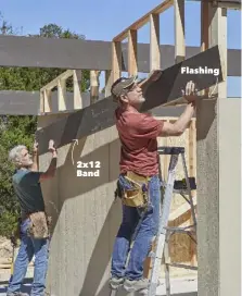  ??  ?? 2x12 Band Flashing8. ADD THE BANDThe first step is to nail a 1-1/2-in. metal drip cap flashing along the top edge of the siding. Then nail the 2x12 band to the studs, keeping it aligned with the back beam.