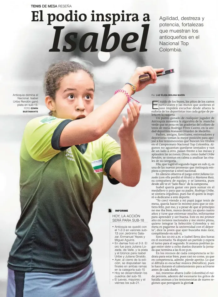  ?? FOTO EDWIN BUSTAMANTE Por LUZ ÉLIDA MOLINA MARÍN ?? Antioquia domina el Nacional. Isabel Uribe Rendón ganó plata en sub-13.