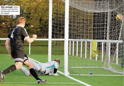  ??  ?? Not enough James Mildren sees his shot hit the back of the net for United