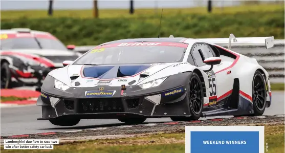 ??  ?? Lamborghin­i duo flew to race-two win after better safety car luck