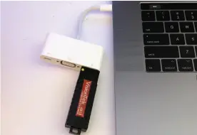  ??  ?? A Visiontek USB drive coneccted to a 2017 Macbook Pro via Apple’s USB-C VGA Multiport Adapter ($69).