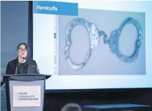  ?? ANDREW VAUGHAN, THE CANADIAN PRESS ?? Counsel Amanda Byrd describes the police parapherna­lia used by gunman Gabriel Wortman at the Mass Casualty Commission inquiry into the April 2020 mass murders in rural Nova Scotia, last week in Halifax.