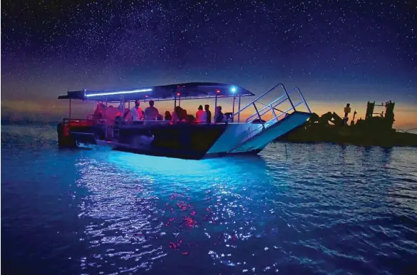  ?? PHOTOS: CONTRIBUTE­D ?? TANGALOOMA TREATS: A glass-bottom boat is a lovely way to see the shipwrecks of Moreton Island in the evening at Tangalooma and, from top right, four-wheel drive action on the island; a couple enjoys the view; and get the blood pumping during a slide...