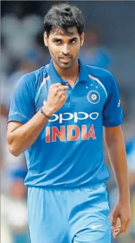  ??  ?? Bhuvneshwa­r Kumar’s previous best of 48 had also come against Sri Lanka in a triseries in West Indies in 2013. On Sunday, he returned figures of 542 in Colombo.