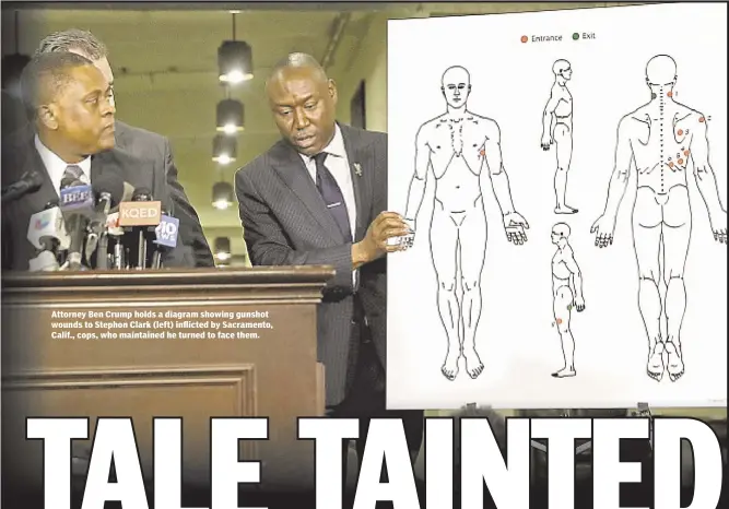 ??  ?? Attorney Ben Crump holds a diagram showing gunshot wounds to Stephon Clark (left) inflicted by Sacramento, Calif., cops, who maintained he turned to face them.