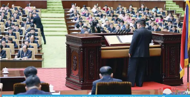  ?? — AFP ?? PYONGYANG: This picture taken on Jan 15, 2024 by North Korea’s Korean Central News Agency (KCNA) shows Kim Jong Un (right) speaking at a session of the Supreme People’s Assembly.