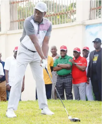  ??  ?? Governor Abdulfatah Ahmed of Kwara State performing the official tee off of Kwara @50 Open Golf Championsh­ip at Ilorin Golf Club recently