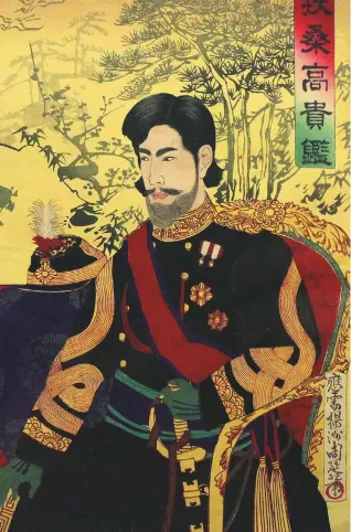  ??  ?? UN EMPERADOR DE ESTILO OCCIDENTAL
En el grabado sobre estas líneas, el emperador Meiji viste un uniforme militar de estilo occidental, símbolo de la apertura de Japón al exterior.