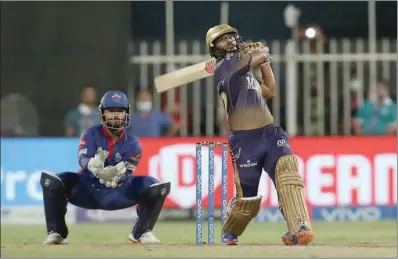  ?? (Sportzpics for IPL) ?? Rahul Tripathi of Kolkata Knight Riders plays a shot during Qualifier 2 match of Indian Premier League against Delhi Capitals at the Sharjah Cricket Stadium on Wednesday.