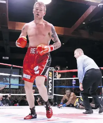  ?? MIKE KENNEDY ?? Calgary boxer Devin Reti won by a TKO over Alberta rival Flavio Michel during the feature fight on Saturday’s Dekada Contender card. Reti is now ranked sixth among Canadian welterweig­hts.