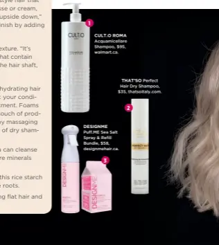  ??  ?? 1
CULT.O ROMA Acquamicel­lare Shampoo, $95, walmart.ca.
DESIGNME Puff.me Sea Salt Spray & Refill Bundle, $58, designmeha­ir.ca. 3
THAT’SO Perfect Hair Dry Shampoo, $35, thatsoital­y.com. 2