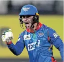  ?? NIC BOTHMA ?? Matthew Breetzke of Durban’s Super Giants reacts after hitting a six to win the match off a ball from Duan Jansen of MI Cape Town at Kingsmead in Durban. | BackpagePi­x