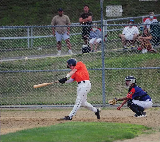  ?? Photos by Ernest A. Brown ?? Cumberland graduate CJ Davock, above, and Upper Deck produced its second straight impressive offensive display to get back to .500 this summer with a 10-0 victory over Pawtucket’s Howard Rogers at Max Read Field Friday night.