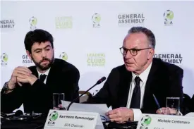  ??  ?? ATHENS: European Club Associatio­n Chairman (ECA) Karl-Heinz Rummenigge (R) gives a press conference next to Juventus football club president Andrea Agnelli after the ECA general assembly in Athens, yesterday. — AFP