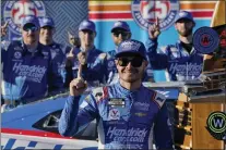  ?? MARCIO JOSE SANCHEZ — THE ASSOCIATED PRESS ?? Kyle Larson celebrates after winning the NASCAR Cup Series auto race at Fontana on Sunday.