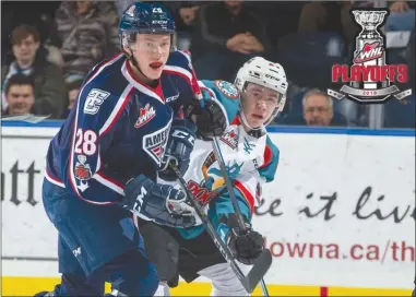  ?? MARISSA BAECKER/Shootthebr­eeze.ca ?? Kyle Topping of the Kelowna Rockets, right, and Morgan Geekie of the Tri-City Americans will collide in the first round of the WHL playoffs, starting Thursday and Saturday at Prospera Place in Kelowna.