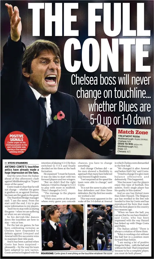  ??  ?? POSITIVE SIGNALS ROARSOME: Conte gives it everything on the touchline whatever the score N/A
3/1. 4/7. Ayala (Ankle). 11/2.