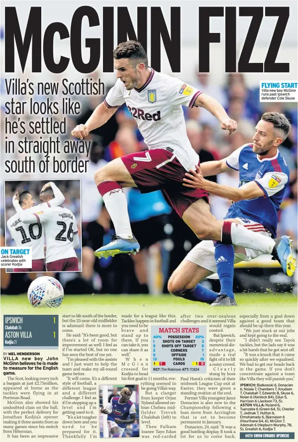  ??  ?? ON TARGET Jack Grealish celebrates with scorer Kodjia FLYING START Villa new boy McGinn runs past Ipswich defender Cole Skuse