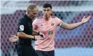  ??  ?? John Egan of Sheffield United is sent off by Graham Scott after his tussle with Ollie Watkins of Aston Villa. Photograph: Eddie Keogh/NMC Pool