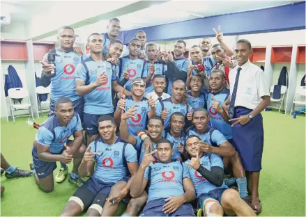  ?? Photo: Simione Haravanua ?? Queen Victoria School U18 team celebrates after their cup quaterfina­l win against Natabua High School on July 27,2019.