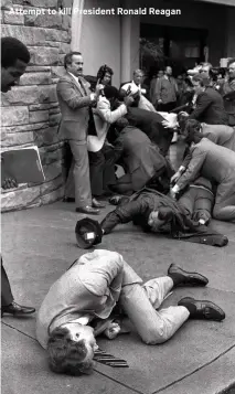  ?? ?? Attempt to kill President Ronald Reagan
Secret Service agent Timothy J. Mccarthy, foreground, Washington police Officer Thomas K. Delehanty, center, and presidenti­al Press Secretary James Brady, background, lie wounded on a street outside a Washington hotel after shots were fired at Reagan.