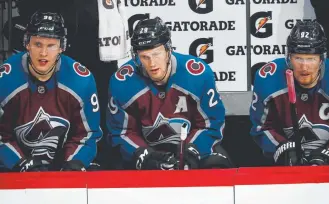  ?? David Zalubowski, The Associated Press ?? Colorado’s top line, from left, Mikko Rantanen, Nathan MacKinnon and Gabe Landeskog, combined for only two shots (both by MacKinnon) in Tuesday night’s 5-2 loss to the Toronto Maple Leafs.