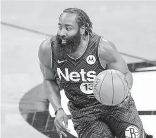  ?? (AP PHOTO/FRANK FRANKLIN II) ?? The presence of James Harden, seen during the first half of a game against the Knicks last Monday, is one reason the Nets could be the team to beat in the Eastern Conference.