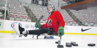  ?? THE CANADIAN PRESS/FILES ?? Paralyzed former Humboldt Bronco Ryan Straschnit­zki has been practising for Saturday’s celebrity sledge hockey game. “It’s going to be different for sure. I’m going to have to get used to things.”
