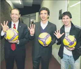  ?? FOTO: FCB ?? Quini (gol 3.000), Amor (4.000) y Messi (5.000), juntos en una imagen de 2009
