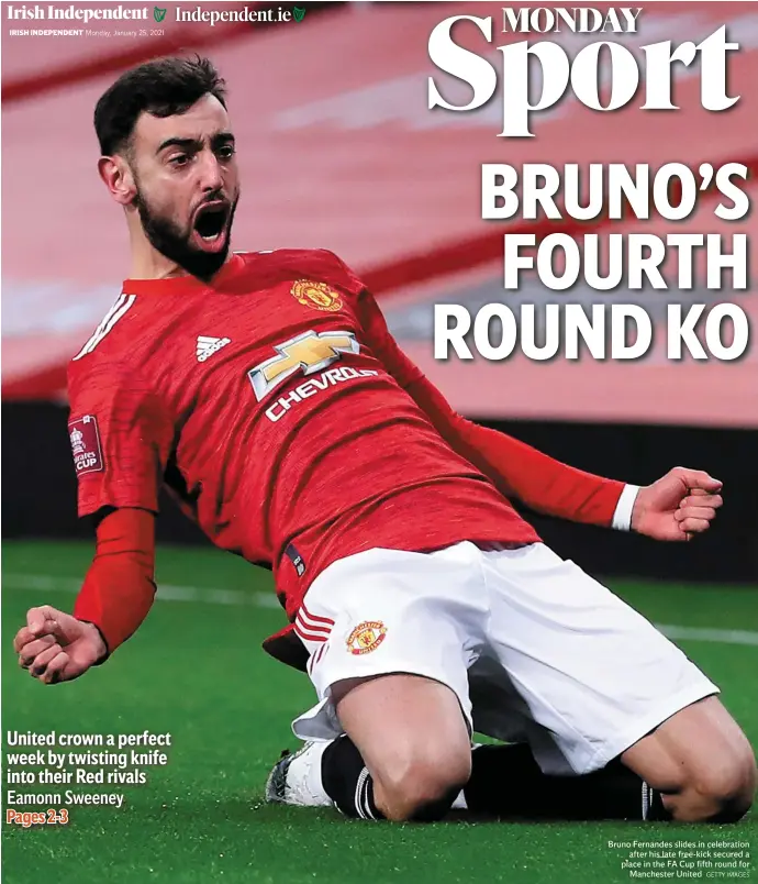 ?? GETTY IMAGES ?? Bruno Fernandes slides in celebratio­n after his late free-kick secured a place in the FA Cup fifth round for Manchester United