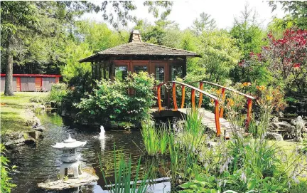  ?? OF AQUASCULPT­URE BY NANASI, GAZETTE FILES PHOTO COURTESY ?? A water feature complete with bubbling fountain, stone sculpture, foot bridge and various plants creates a Zen-like backyard oasis.