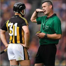  ??  ?? James Owens explaining the reason for his sending-off to Kilkenny’s Richie Hogan during last year’s All-Ireland Senior hurling final.