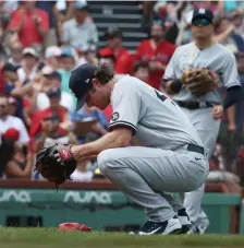  ??  ?? ROUGHED UP: Gerrit Cole reacts after allowing a threerun home run to Rafael Devers in the first inning.