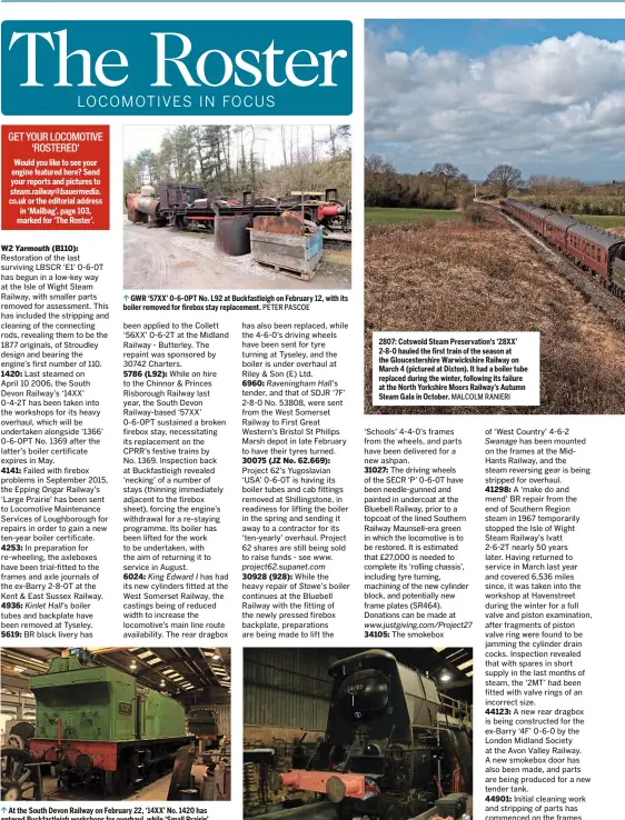  ?? MARTYN TATTAM PETER PASCOE ANDY HENNELL MALCOLM RANIERI ?? 2807: Cotswold Steam Preservati­on’s ‘28XX’ 2‑8‑0 hauled the first train of the season at the Gloucester­shire Warwickshi­re Railway on March 4 (pictured at Dixton). It had a boiler tube replaced during the winter, following its failure at the North...