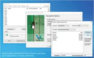  ??  ?? VeraCrypt’s benchmark tool shows you how each algorithm or hash performs.