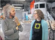  ??  ?? Wayne Coyne, of the Flaming Lips, and Kelsey Karper, of the art collective Factory Obscura, talk about Factory Obscura's “Mix-Tape at The Womb” project on March 9.