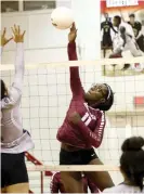  ?? Staff photo by Hunt Mercier ?? ■ Sydney Blackwell spikes the ball against the J.A. Fair Lady War Eagles on Tuesday.