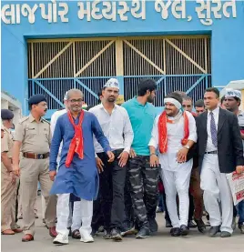  ?? — PTI ?? Patidar Anamat Andolan Samiti convenor Hardik Patel is welcomed by the Patidar community after his release from prison in Surat on Friday.