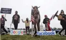  ?? Photograph: Jonathan Ernst/Reuters ?? An art installati­on protest by the organizati­on SumOfUs portrays Sundar Pichai, Jack Dorsey and Mark Zuckerberg as 6 January rioters near the US Capitol.