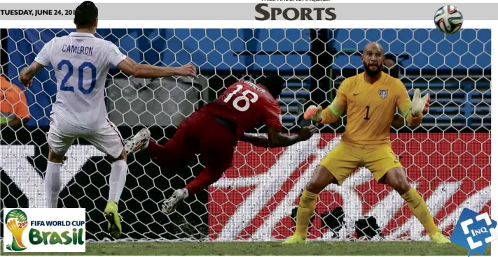  ??  ?? TUESDAY, JUNE 24, 2014
PORTUGAL’S Silvestre Varela heads the ball past United States’ goalkeeper Tim Howard to score his side’s second goal and tie the World Cup group G game, 2-2.