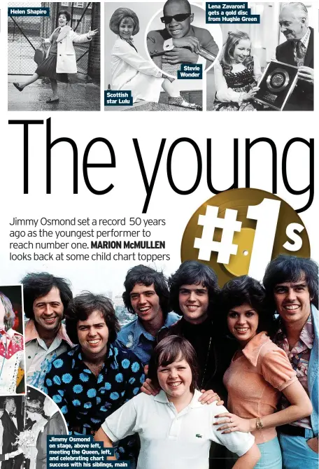  ?? ?? Jimmy Osmond on stage, above left, meeting the Queen, left, and celebratin­g chart success with his siblings, main