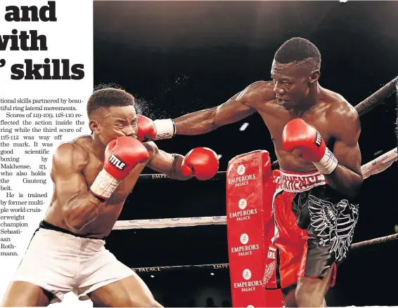  ?? / MASI LOSI ?? Jabulani Makhense lands a right hook on Xolani Mcotheli during their 12-round WBA Pan African Junior Welterweig­ht fight held at Emperor’s Palace in Kempton Park on the East Rand on Sunday.