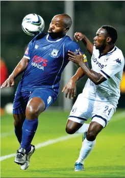  ??  ?? Class is permanent – Collins Mbesuma storms down the line against Bidvest Wits. The veteran striker scores twice on the night to take his senior career tally to 100 goals