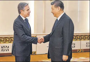  ?? REUTERS ?? US secretary of state Antony Blinken (left) meets with Chinese President Xi Jinping at the Great Hall of the People, in Beijing, China, on Friday.