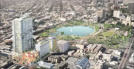  ?? Walter J. Co. ?? AN ARTIST’S rendering of The Lake on Wilshire, which will convert a 14-story medical office building into a 220-room hotel and construct a 41-story apartment tower that will include restaurant­s, bars and affordable housing. A performing arts center is...