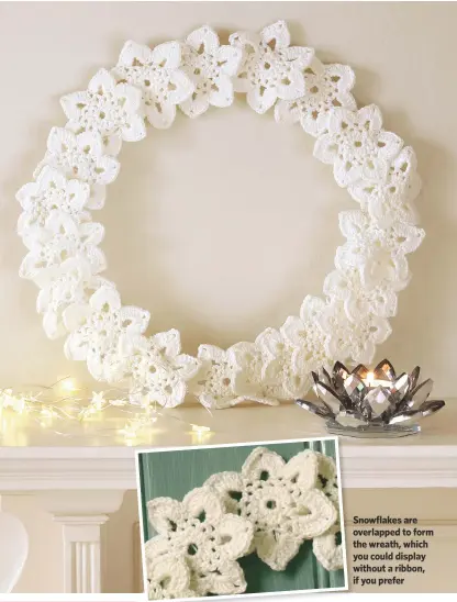  ??  ?? snowflakes are overlapped to form the wreath, which you could display without a ribbon, if you prefer