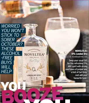  ?? ?? NOVELTEA’s 0% London Dry £22.50, novelteadr­inks.com Swap your usual G&T for this refreshing 0% ABV spirit with strong overtones of juniper and a hint of Earl Grey. Just add your favourite tonic.